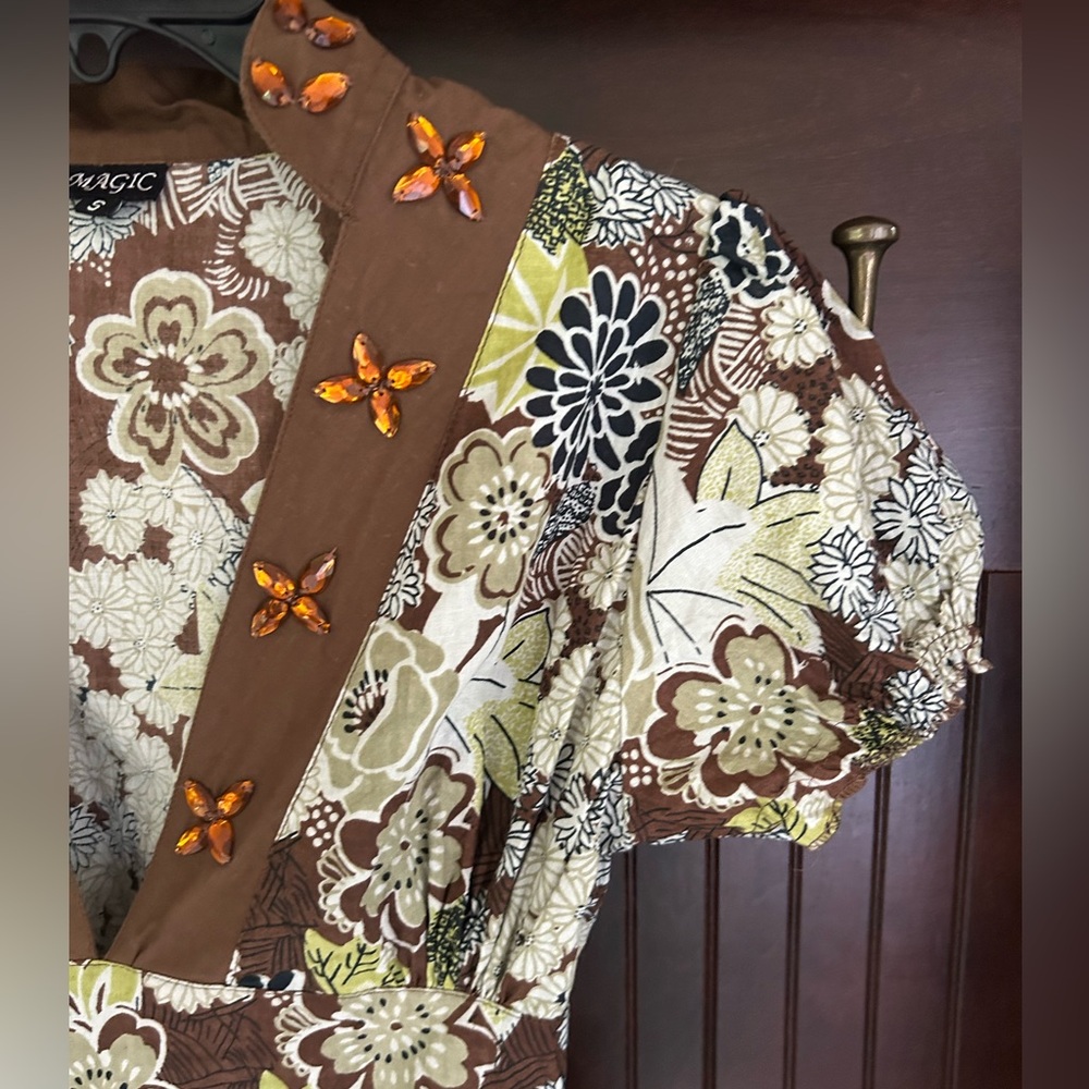 Y2K MAGIC Babydoll Brown Floral Beaded Dress Fairy Grunge Retro Indie Boho Sz S - Picture 6 of 16